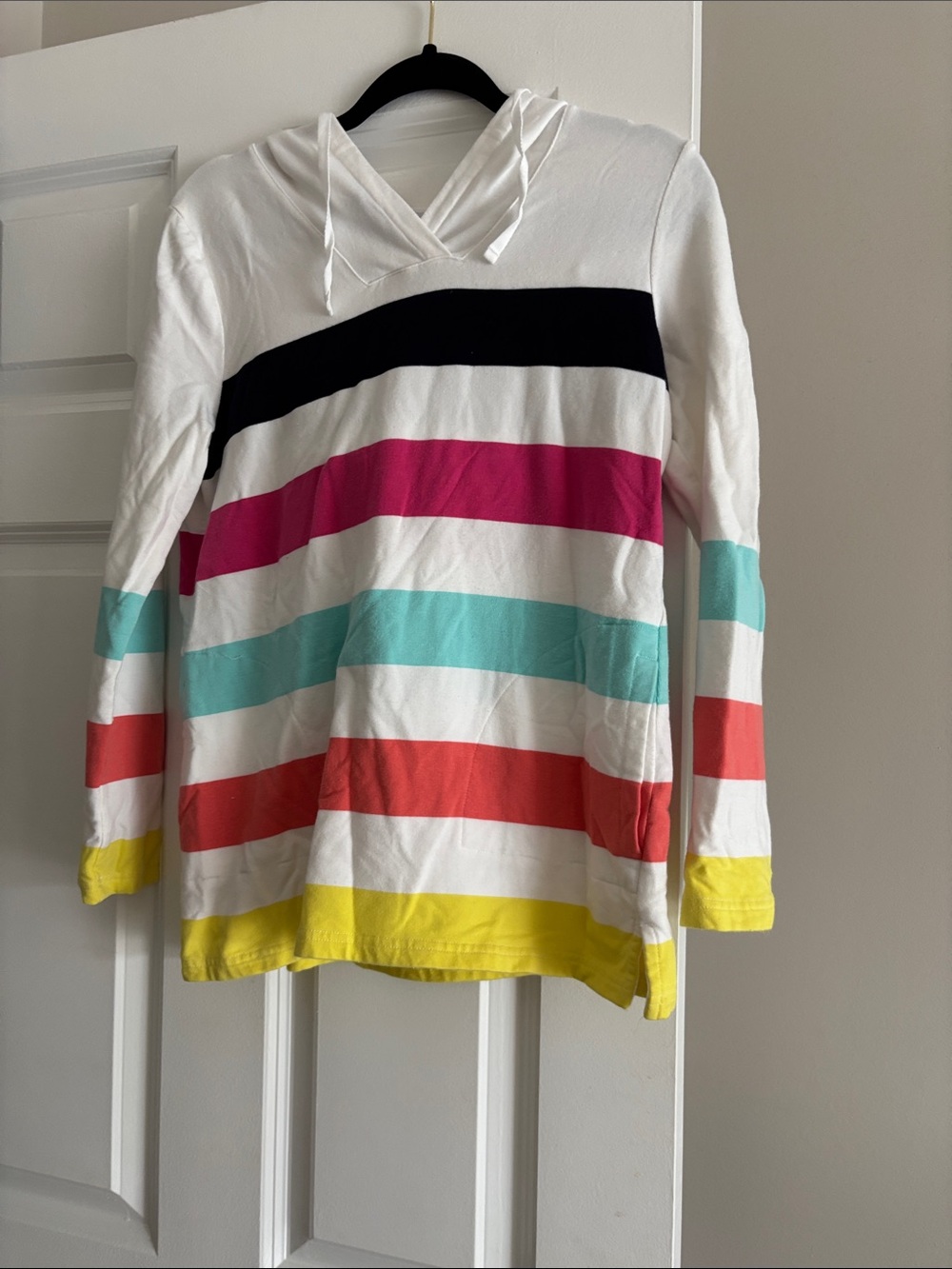 Talbots White Hoodie Top with Black, Pink, Teal, Red and Yellow Stripes.